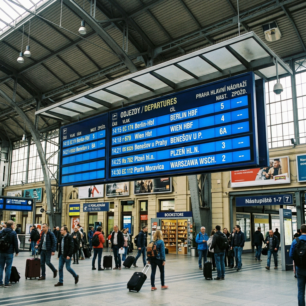Digital departure board listing trains to Berlin, Wien, Benešov, Plzeň, and Warsaw with passengers walking below